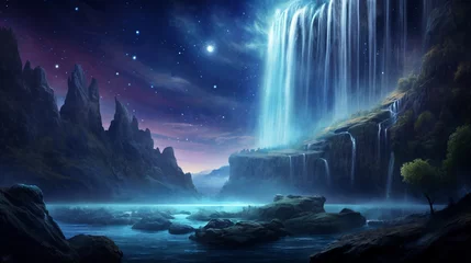 Foto op Plexiglas Fantasy landscape with waterfalls, panorama. © Olga Khoroshunova