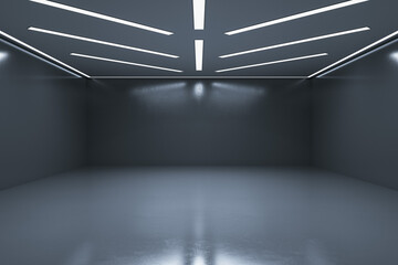 Modern exhibition hall interior with empty mock up place on gray wall. 3D Rendering. - obrazy, fototapety, plakaty