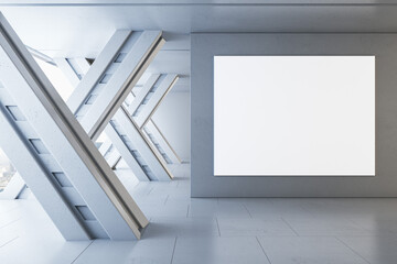 Modern warehouse interior with empty white mock up poster on white wall. 3D Rendering.