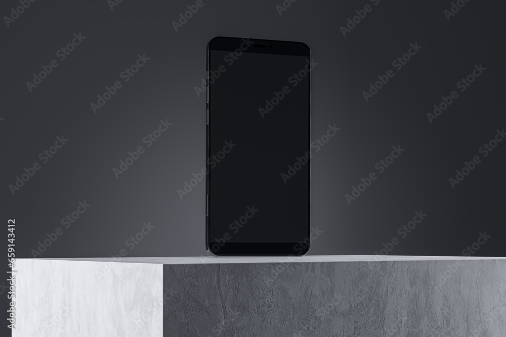Poster Close up of blank smartphone screen on concrete surface and gray wall background. Product presentation and advertisement concept. Mock up, 3D Rendering.