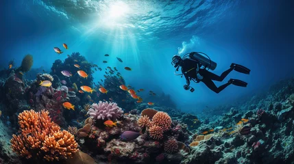 Gardinen Scuba diver swimming under water against the backdrop of an underwater landscape © Irina Sharnina