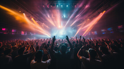 A jubilant crowd at a rock concert, disco, music festival, party, singer performance - obrazy, fototapety, plakaty