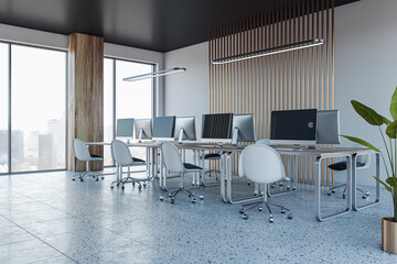 Contemporary coworking office interior with furniture and equipment, window and city view. 3D Rendering.