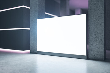 Modern illuminated concrete gallery interior with empty white mock up banner. 3D Rendering.
