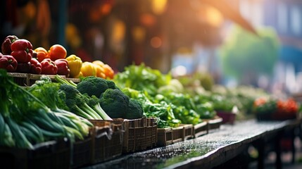 Bright fresh vegetables and fruits on the counter of a street vegetable market. Vegetarian diet ingredients and organic products for a healthy diet - obrazy, fototapety, plakaty