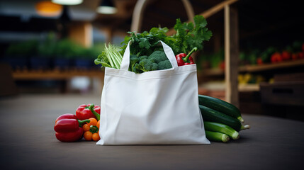 Cotton white eco-bag with fresh vegetables. Eco-friendly shopping. Fabric bag against the background of a fresh market. Vega, zero waste. Organic products. Blank Space for branding and printing - obrazy, fototapety, plakaty