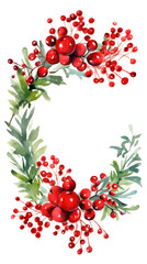 Festive watercolor Christmas wreath with red berries and a frame.