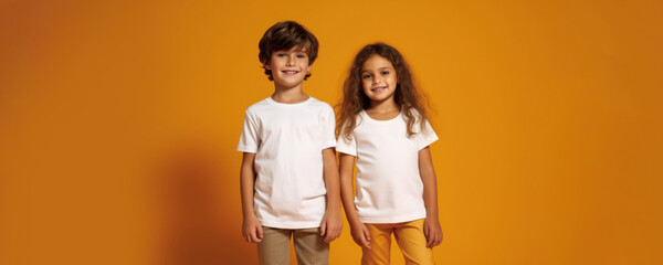 Brother and sister in white T-shirt. Cheerful boy and teenage girl are standing against background of yellow wall. Concept of childhood, joy, summer holidays, vacation, joy. Schoolboy. Generative AI