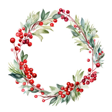 Watercolor mistletoe wreath with red berries and a wooden frame