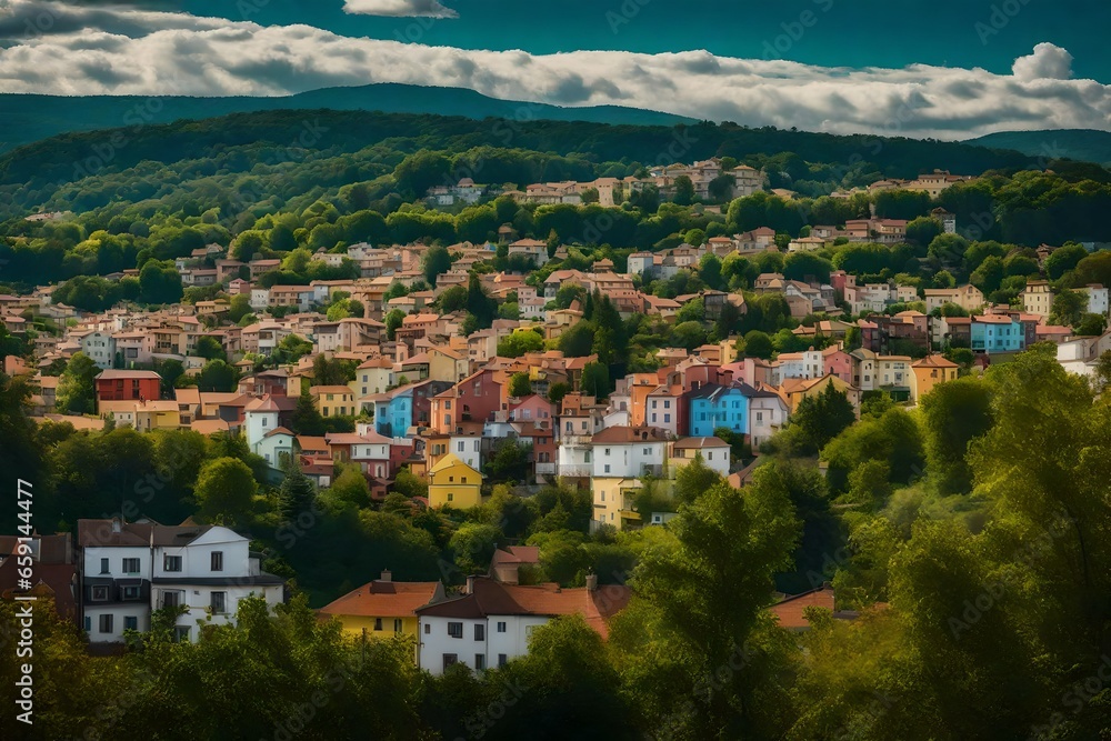 Poster a view from a hill of a colorful town with trees - ai generative