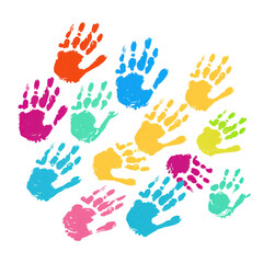 Colorful handprints on white background