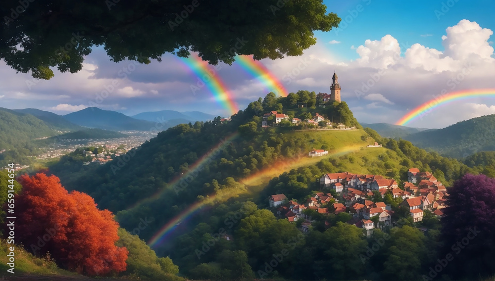 Poster a view from a hill of a colorful town with trees - ai generative