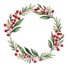 Fototapeta na wymiar Festive watercolor Christmas wreath with red berries and a frame.