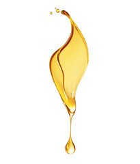 Drop of olive oil or oily cosmetic liquid dripping on a white background - obrazy, fototapety, plakaty