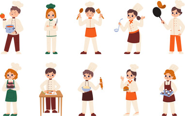 Children chefs cooking. Isolated kids in chef uniform bakes. Childish workshop on kitchen, cute little toddlers doing food, snugly vector set