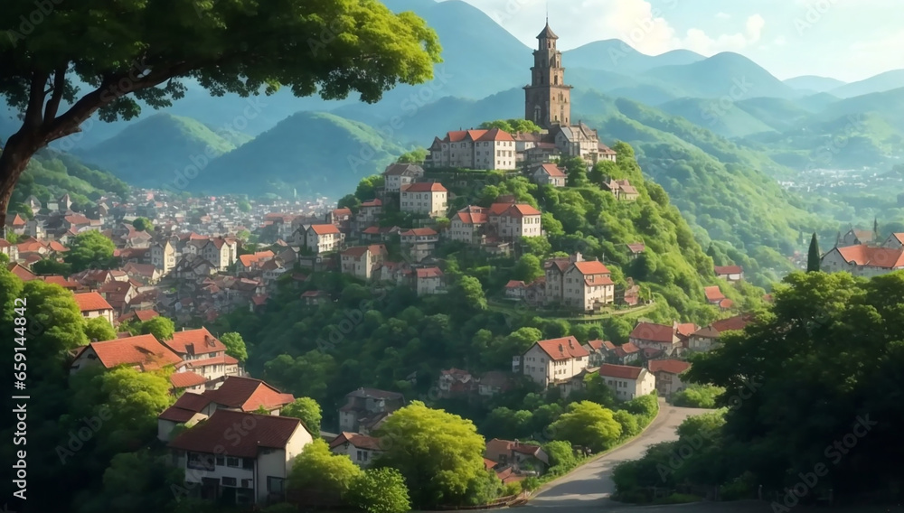 Poster a view from a hill of a colorful town with trees - ai generative