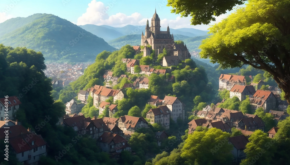Poster a view from a hill of a colorful town with trees - ai generative