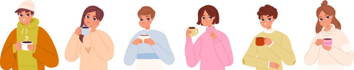 People drinking hot drinks. Women hold tea cup, warm latte or coffee mug. Young person holding beverage and chocolade snugly vector characters