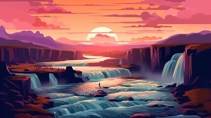 illustration, a large view filled with water with a colorful sky during sunset