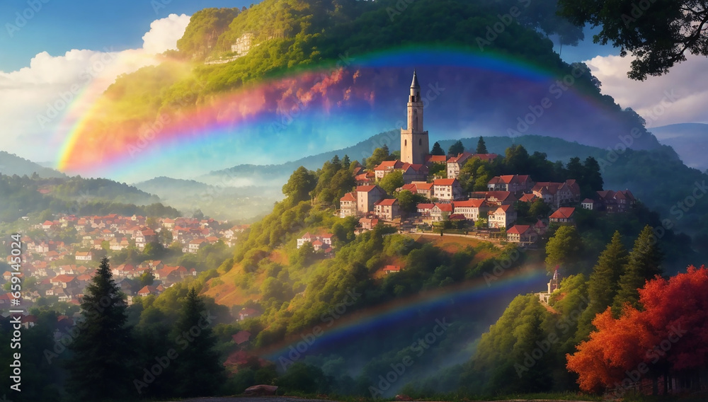 Poster a view from a hill of a colorful town with trees - ai generative