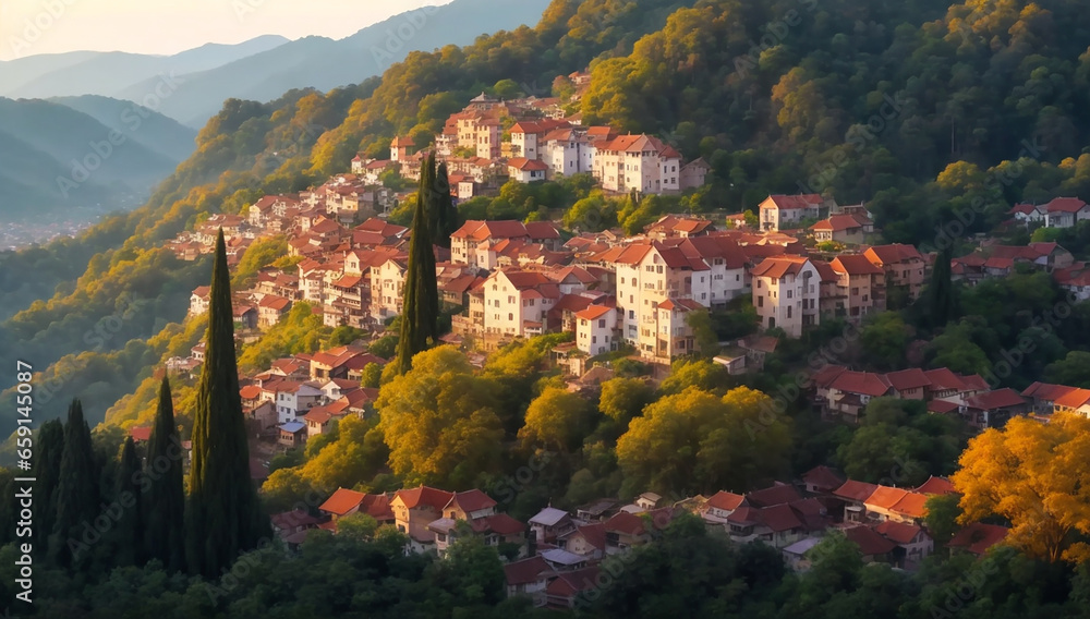 Poster a view from a hill of a colorful town with trees - ai generative