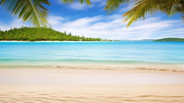 Sandy tropical beach with island on background 