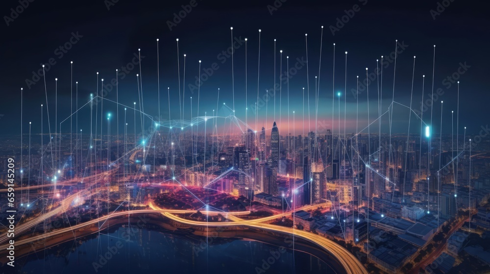 Poster smart city and abstract dot point connect with gradient line and aesthetic intricate wave line desig