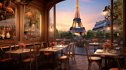 Fototapeta na wymiar Cafe overlooking Tower in the historic center of Paris. Olympic city. Banner.