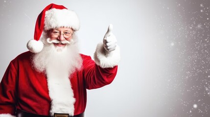 Smiling Santa Claus pointing on blank advertisement banner background with copy space 