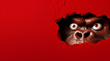 Ein ernst schauender Gorilla blickt durch ein Loch in einer roten Wand. - obrazy, fototapety, plakaty