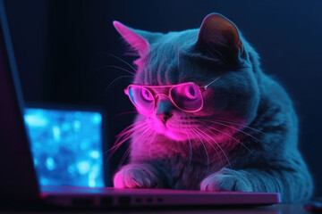 Cute gray plump fat cat hacker in glasses looks at laptop screen. Purple and pink neon light lamp. Concept of pet care, getting information, home education, system hacking, night work. Generative AI - obrazy, fototapety, plakaty