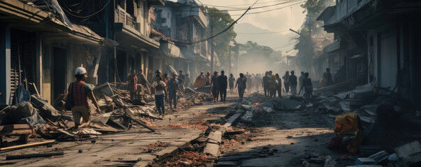 Destroyed city after earthquake. Hopeless people. - obrazy, fototapety, plakaty