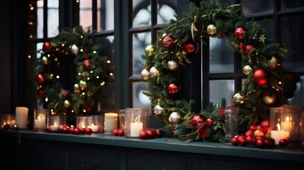 Fototapeta na wymiar Christmas decorated Wreath festive background. Festive decorations for winter holidays celebration. Close-up details of Beautiful Xmas handmade wreath and lights of garland..