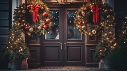 Christmas decorated Wreath festive background. Festive decorations for winter holidays celebration. Close-up details of Beautiful Xmas handmade wreath and lights of garland..