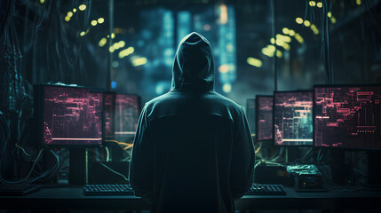 Obraz premium Dangerous Hooded Hacker Breaks into Government Data Servers and Infects Their System with a Virus. His Hideout Place has Dark Atmosphere, Multiple Displays, Cables Everywhere
