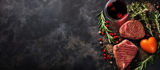 Two heart shaped beef steaks spices wine Valentine s day stone background