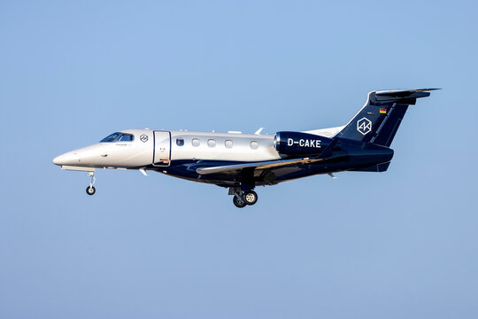 Luqa, Malta - October 8, 2023: Spree Flug Embraer 505 Phenom 300 (REG: D-CAKE) on finals runway 31.
