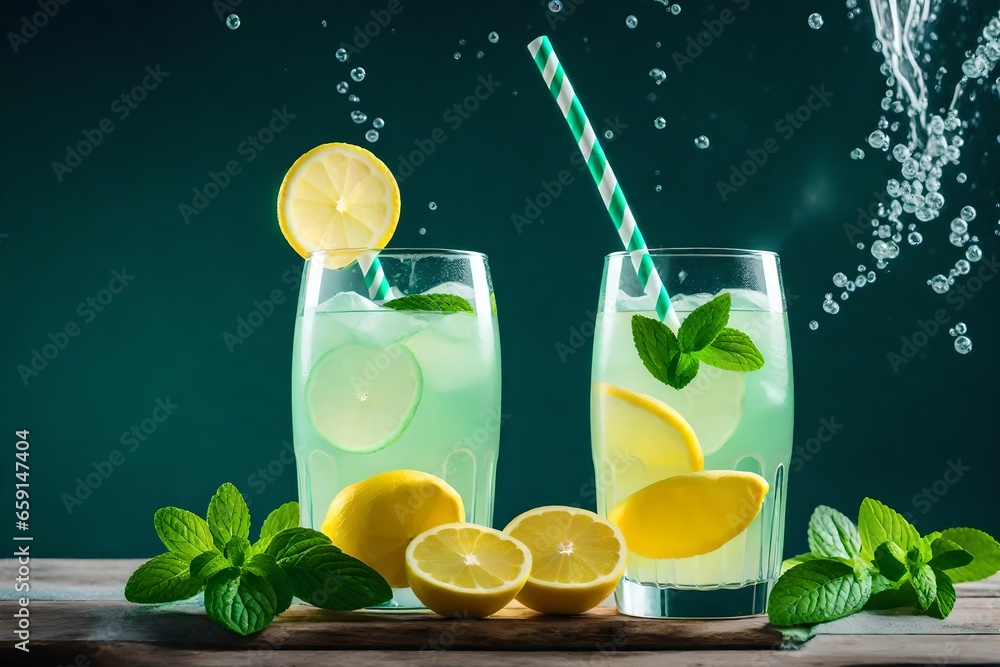 Poster a refreshing and fizzy glass of freshly squeezed lemonade with a sprig of mint - ai generative