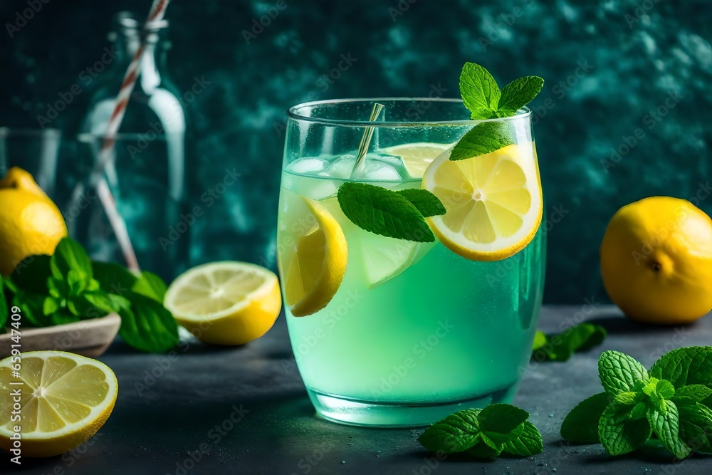 Poster a refreshing and fizzy glass of freshly squeezed lemonade with a sprig of mint - ai generative