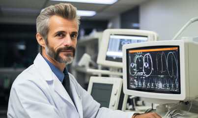 portrait of Cardiovascular Technologist, who Conduct tests on pulmonary or cardiovascular systems of patients for diagnostic purposes. May conduct or assist in electrocardiograms - obrazy, fototapety, plakaty