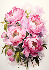 Generative AI, watercolor illustration of flowers, peonies, roses, pink color, plants, drawing, bouquet, background, postcard, space for text, white background, garden, bloom, spring, Valentine's day