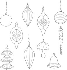 Vintage Christmas tree bauble and ornaments vector illustration set, line art, decorations during Christmas time. 
