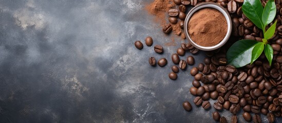 Coffee beans and powdered grind on stone background from a bird s eye view with room for your text