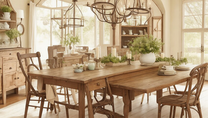 An image of a vintage-inspired dining room with a wooden dining table - AI Generative