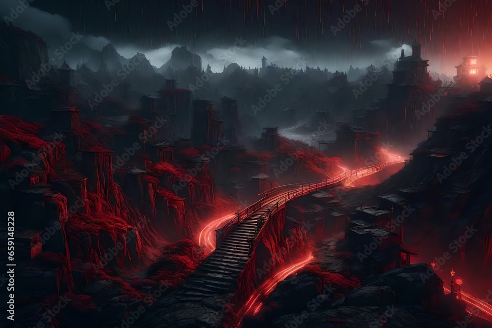 Poster an insanely detailed enclosed landscape art style that symbolizes a darkened world with hard edges -