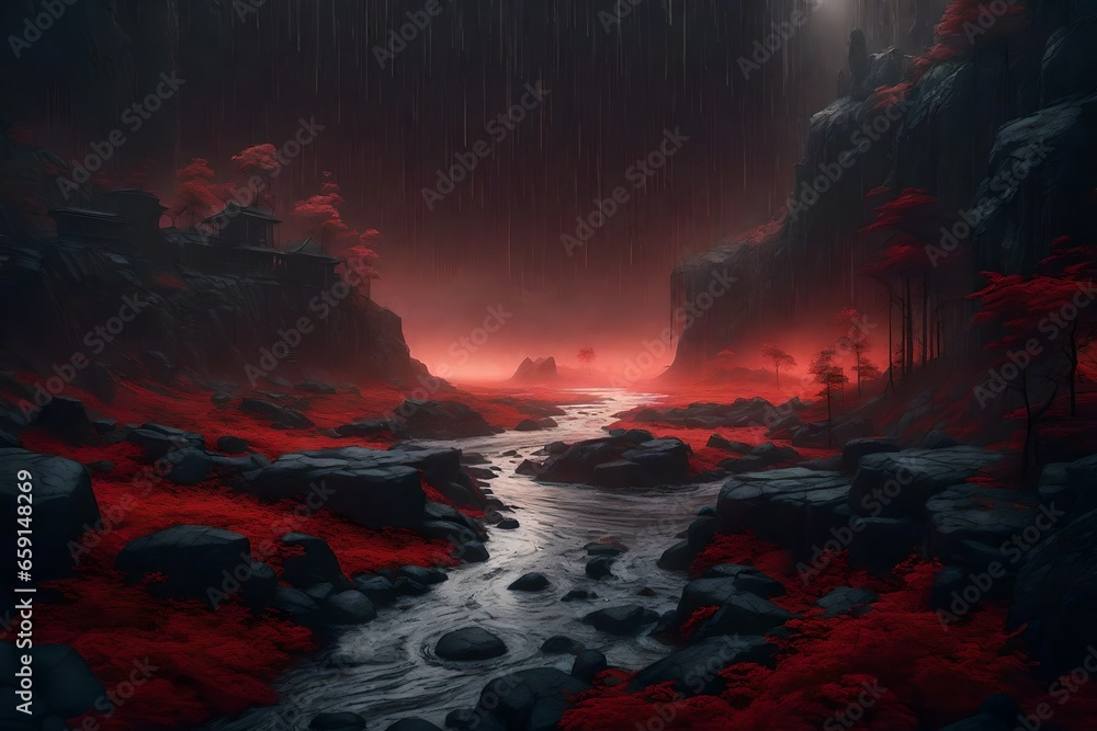 Poster an insanely detailed enclosed landscape art style that symbolizes a darkened world with hard edges -
