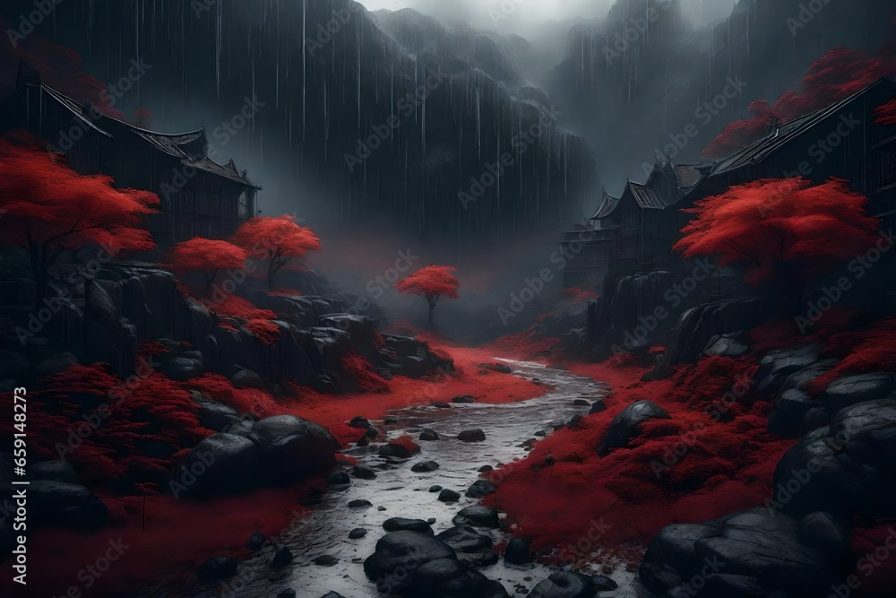 Poster an insanely detailed enclosed landscape art style that symbolizes a darkened world with hard edges -