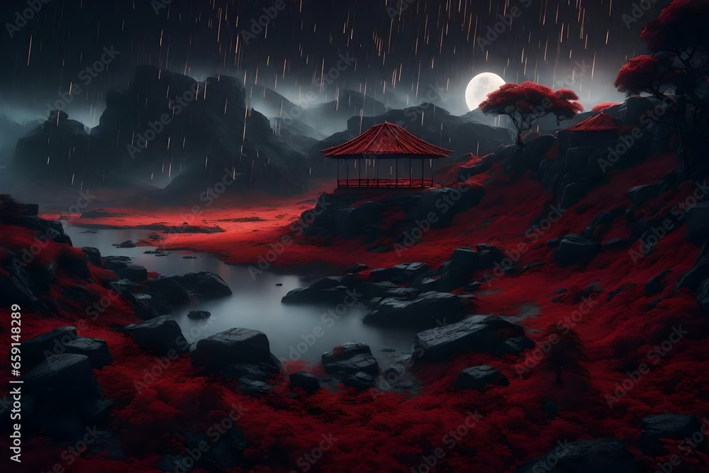 Poster an insanely detailed enclosed landscape art style that symbolizes a darkened world with hard edges -