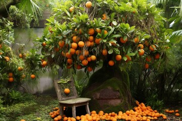An abundant mandarin tree loaded with ripe citrus fruit. Generative AI - obrazy, fototapety, plakaty