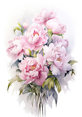 Obraz na płótnie Canvas Generative AI, watercolor illustration of flowers, peonies, roses, pink color, plants, drawing, bouquet, background, postcard, space for text, white background, garden, bloom, spring, Valentine's day
